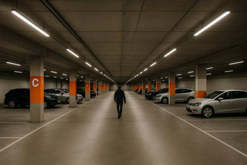 Installation d'éclairages LED et détecteurs de présence dans un parking couvert à Dijon
